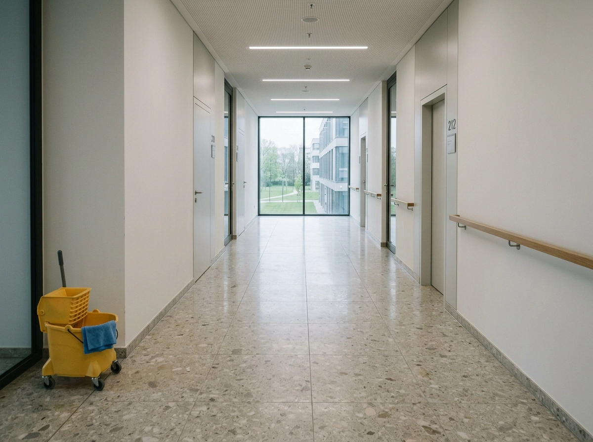 Vyčistená chodba verejnej budovy s terazzovou podlahou a žltým vozíkom na mopovanie